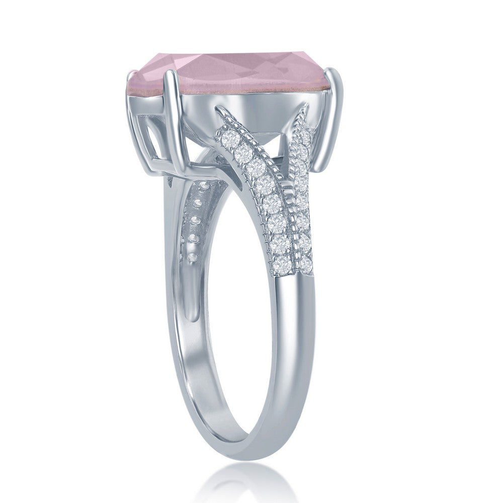 Sterling Silver 14x10mm Oval w/ CZ Open Shank - Pink Opal Swarovski Element Ring