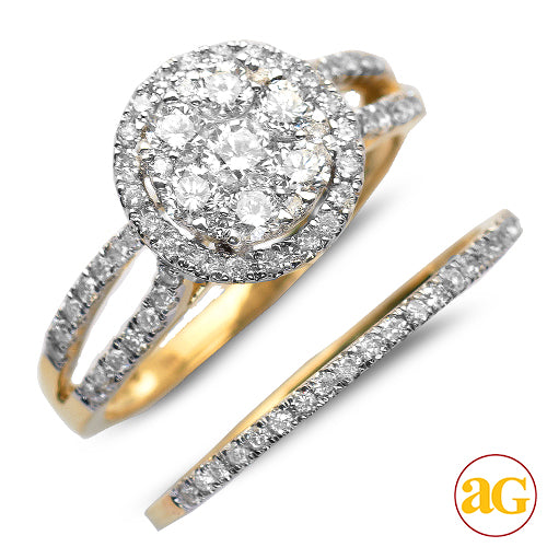 14KY 1.00CTW DIAMOND ROUND CLUSTER BRIDAL SET WITH