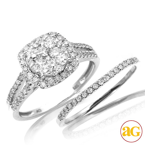 14KW 1.00CTW DIAMOND ROUND CLUSTER BRIDAL SET WITH