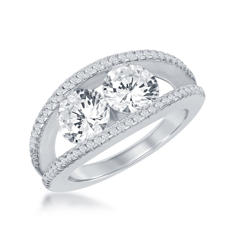 Sterling Silver, Double Band with Center Two-Stone, CZ Ring