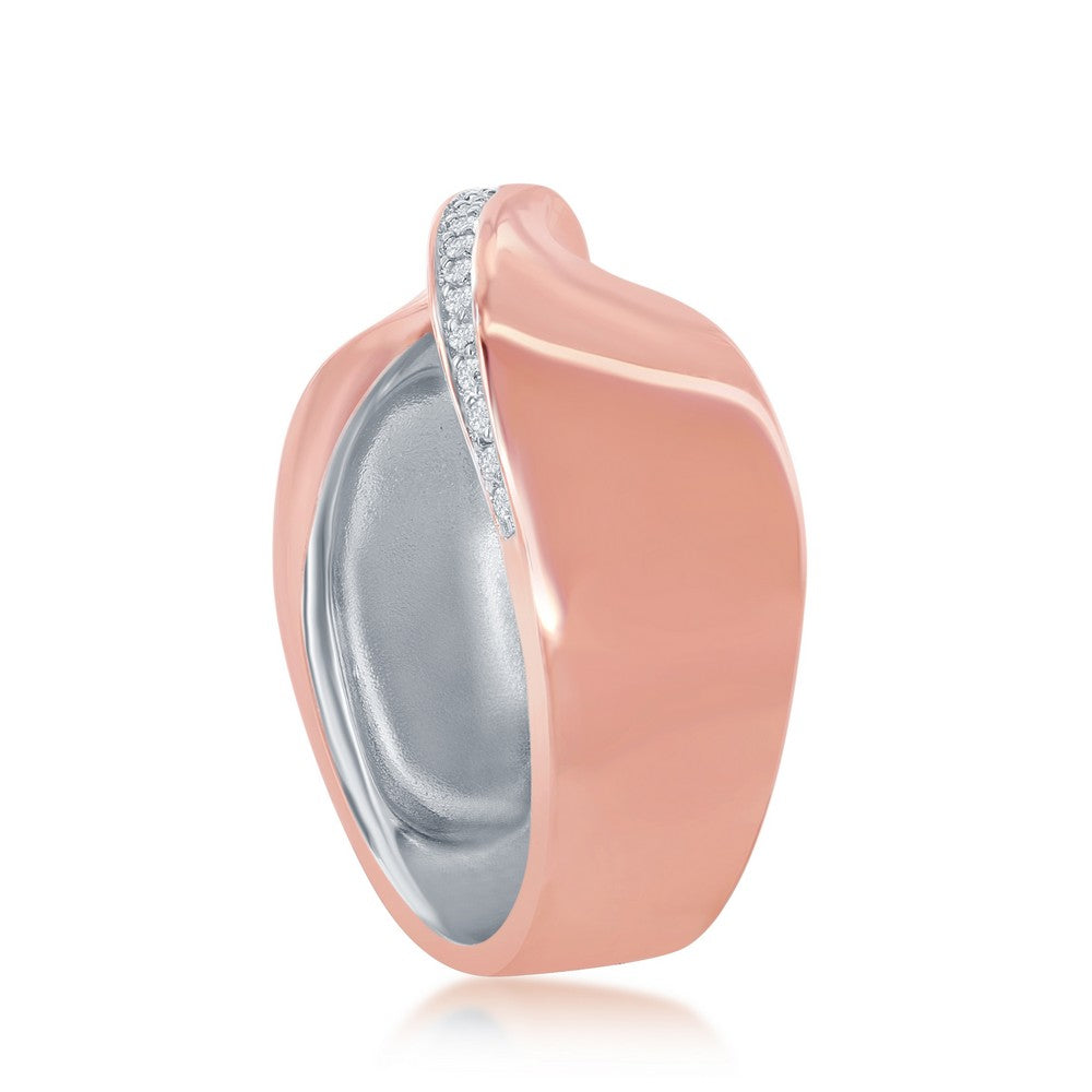 Sterling Silver Two-Tone Rose Gold Plated CZ Lining 'X' Ring