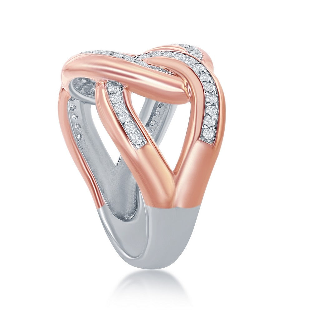 Sterling Silver Two-Tone Large Interlocking Curb Link CZ Ring