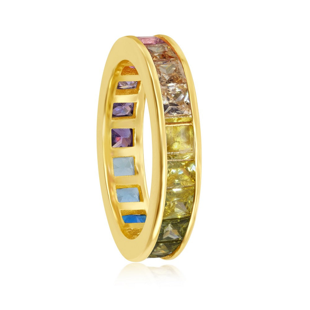 Sterling Silver Channel Set Rainbow CZ Eternity Band Ring - Gold Plated
