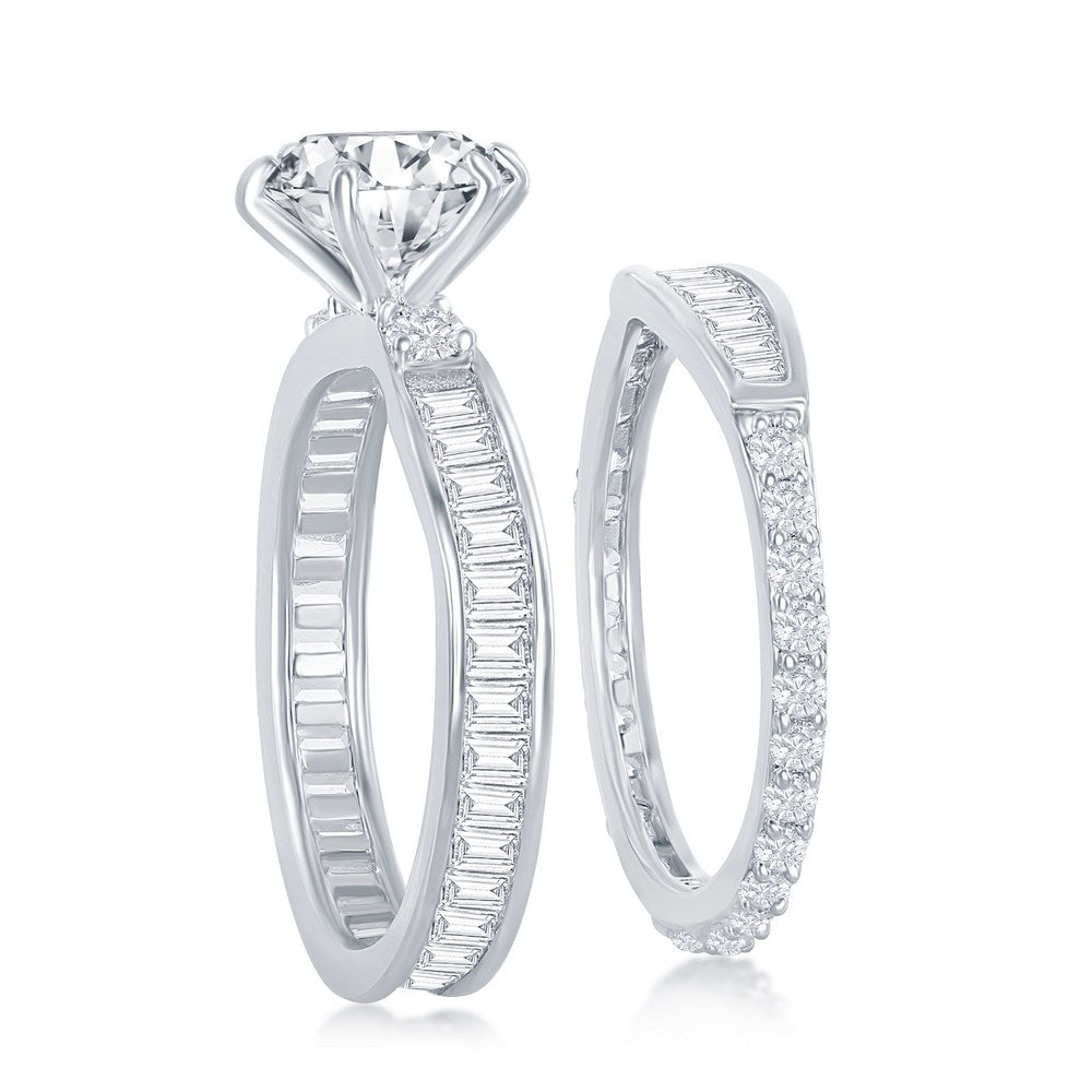 Sterling Silver Six-Prong Baguette CZ Band Engagement Ring Set