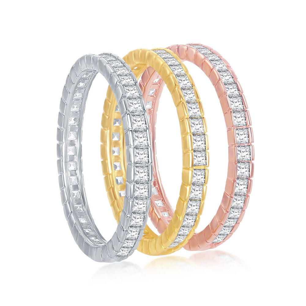 Sterling Silver Tri-Color Channel-Set Baguette CZ Eternity Triple Band Ring