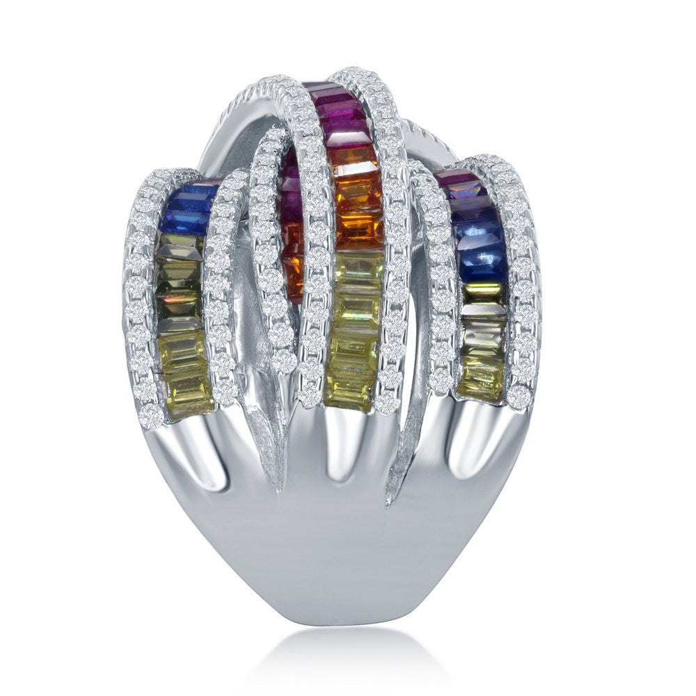 Sterling Silver Rainbow Baguette CZ Double 'X' Ring