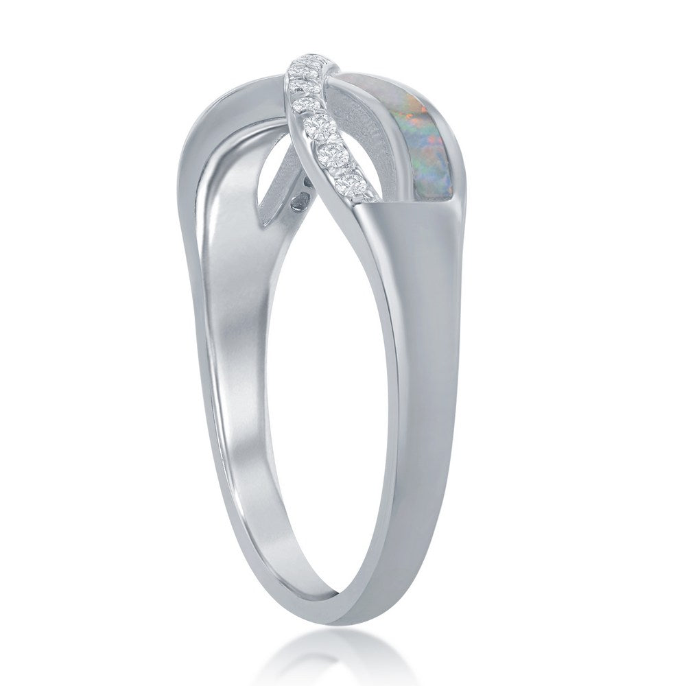 Sterling Silver CZ and White Inlay Opal Infinity Ring