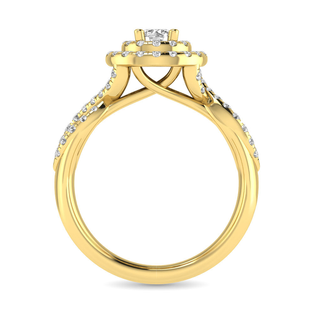 Diamond Twist Shank Double Halo Bridal Ring 3/4 ct tw Round Cut in 14K Yellow Gold
