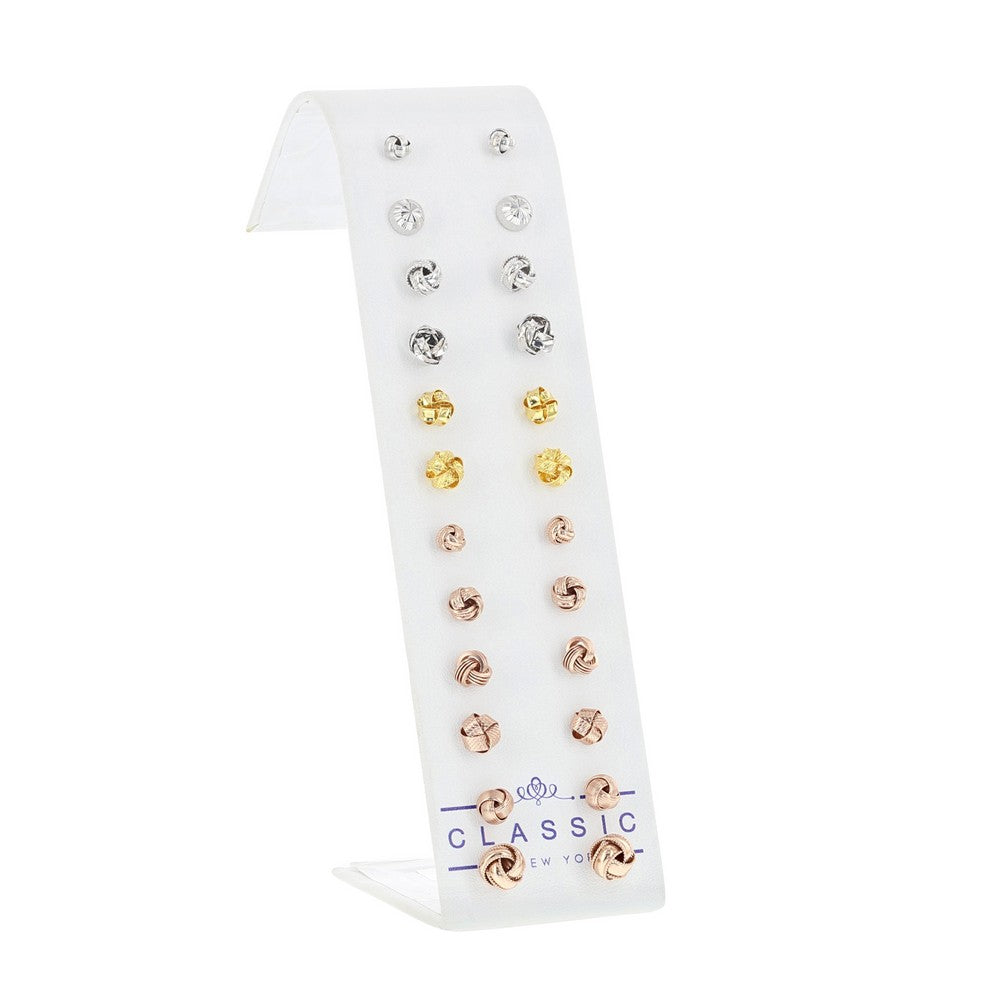 Sterling Silver, Rose and Gold Plated Set of 12 Love Knot and Bead Stud Earrings
