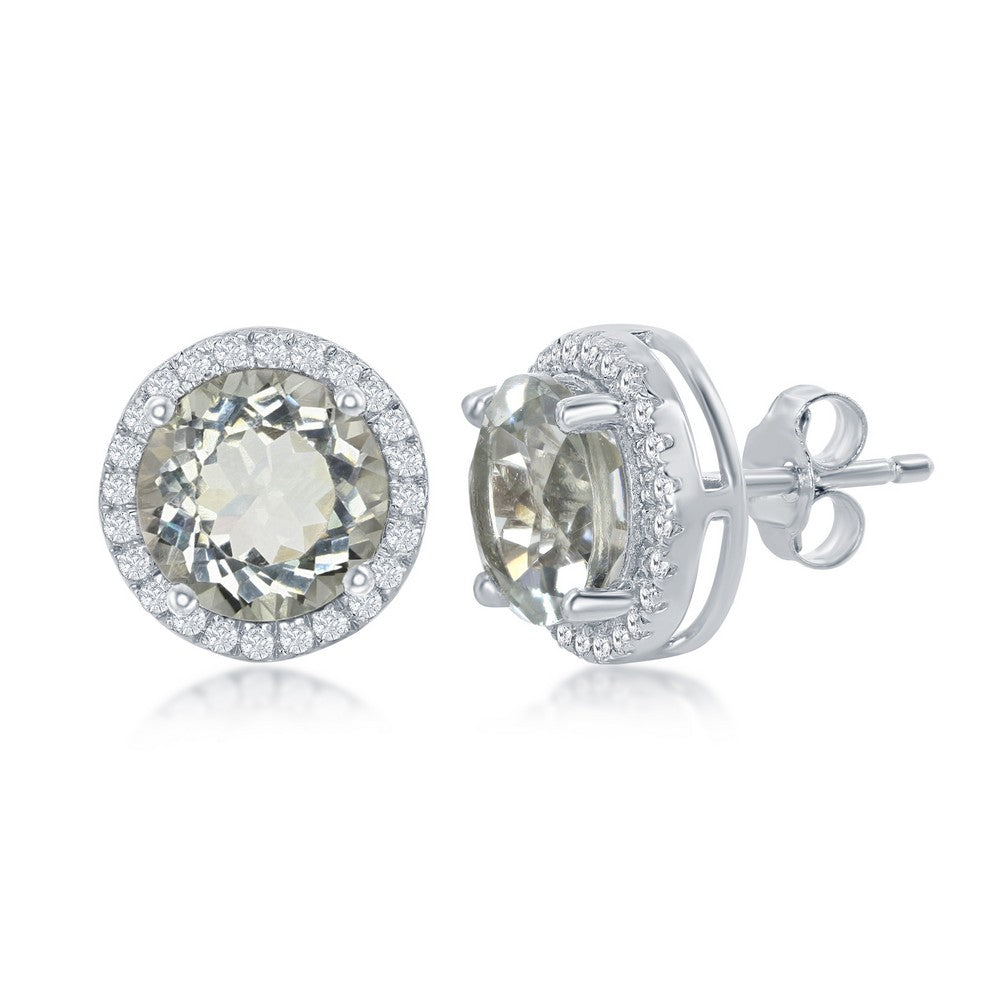 Sterling Silver 5.7cttw Green Amethyst Center Stone with 0.882cttw White Topaz Border Stud Earrings