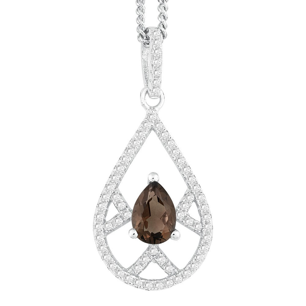 Sterling Silver .69 Pear Smoky Quartz with .504 ct White Topaz Necklace