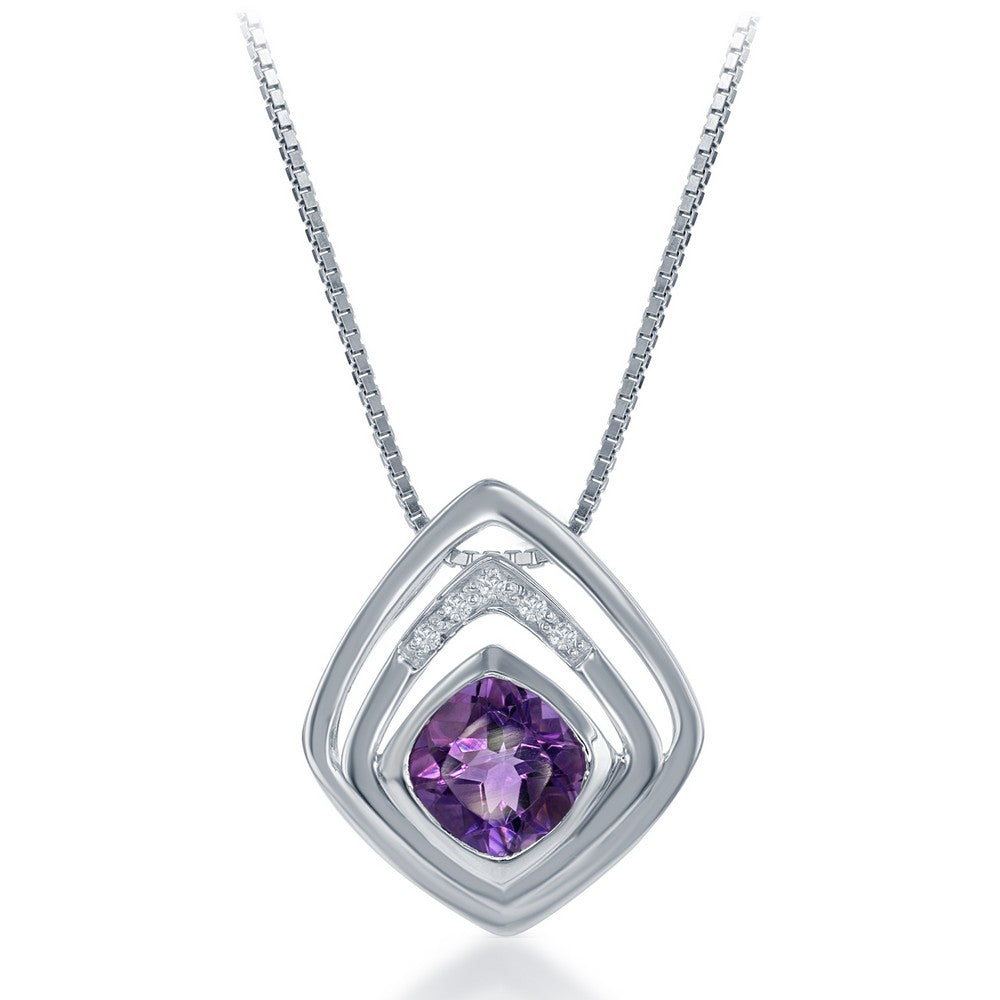 Sterling Silver White Topaz and Square Amethyst Pendant