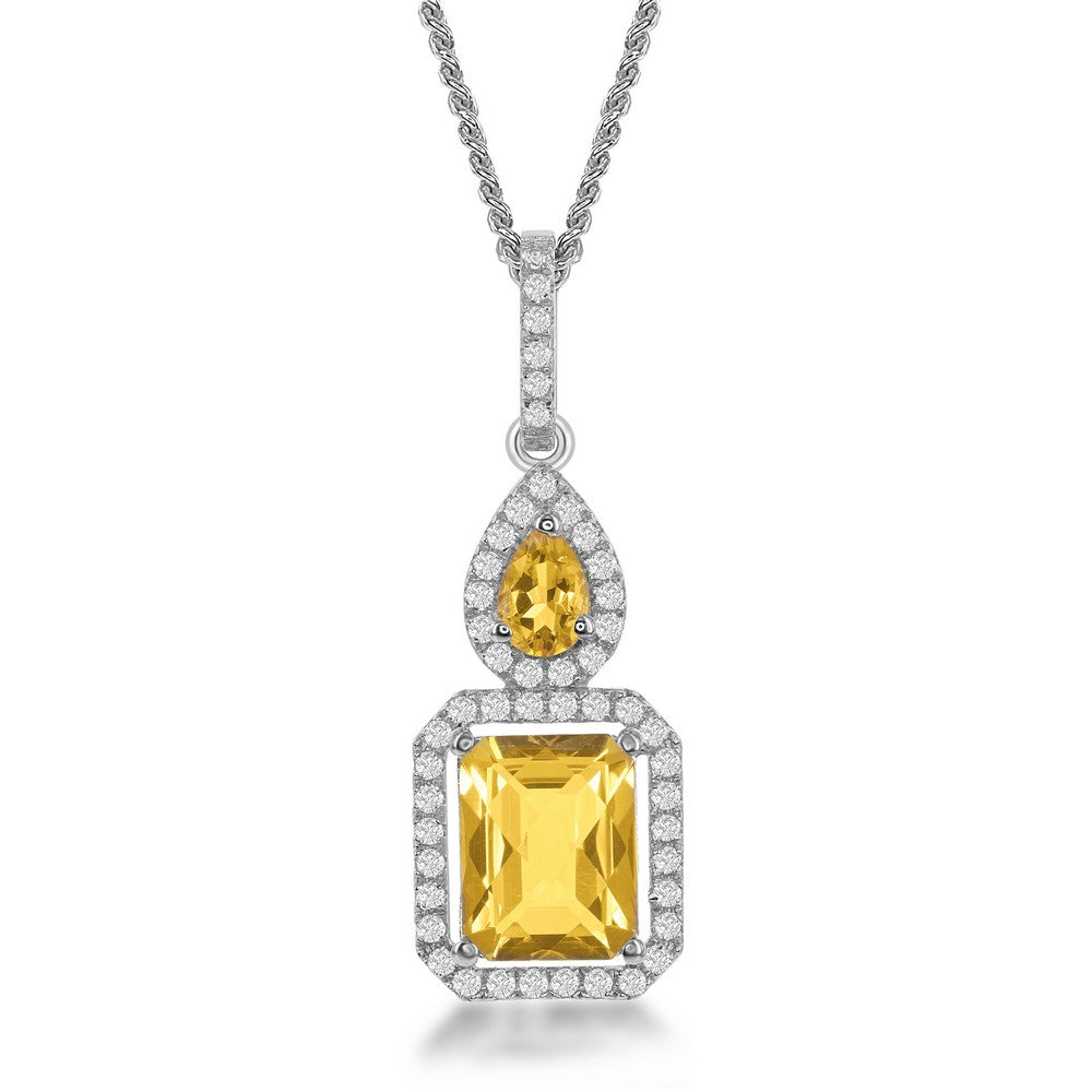 Sterling Silver Small Citrine Teardrop with Larger Citrine and White Topaz Border 4.17cttw Necklace