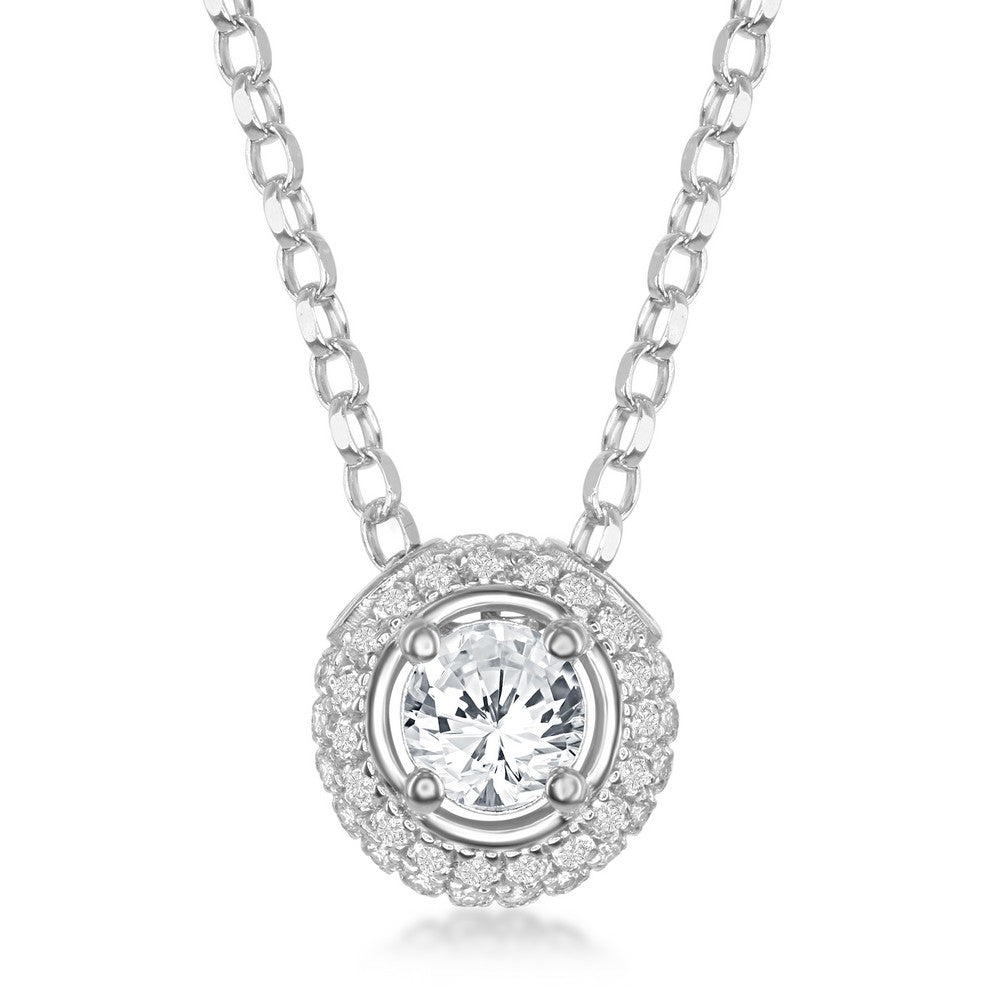 Sterling Silver 4mm Round White Topaz Surrounded by White Topaz 1.4cttw Pendant