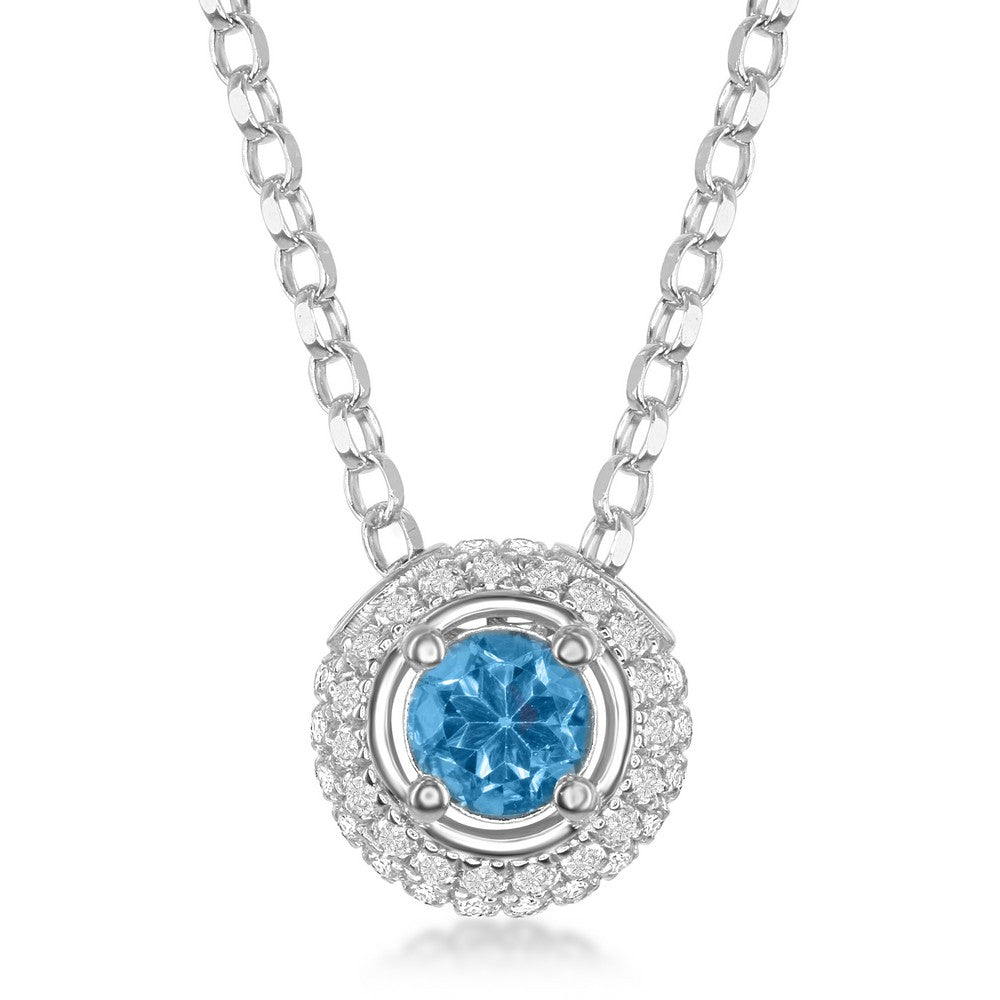 Sterling Silver 4mm Round Blue Topaz Surrounded by White Topaz 1.4cttw Pendant