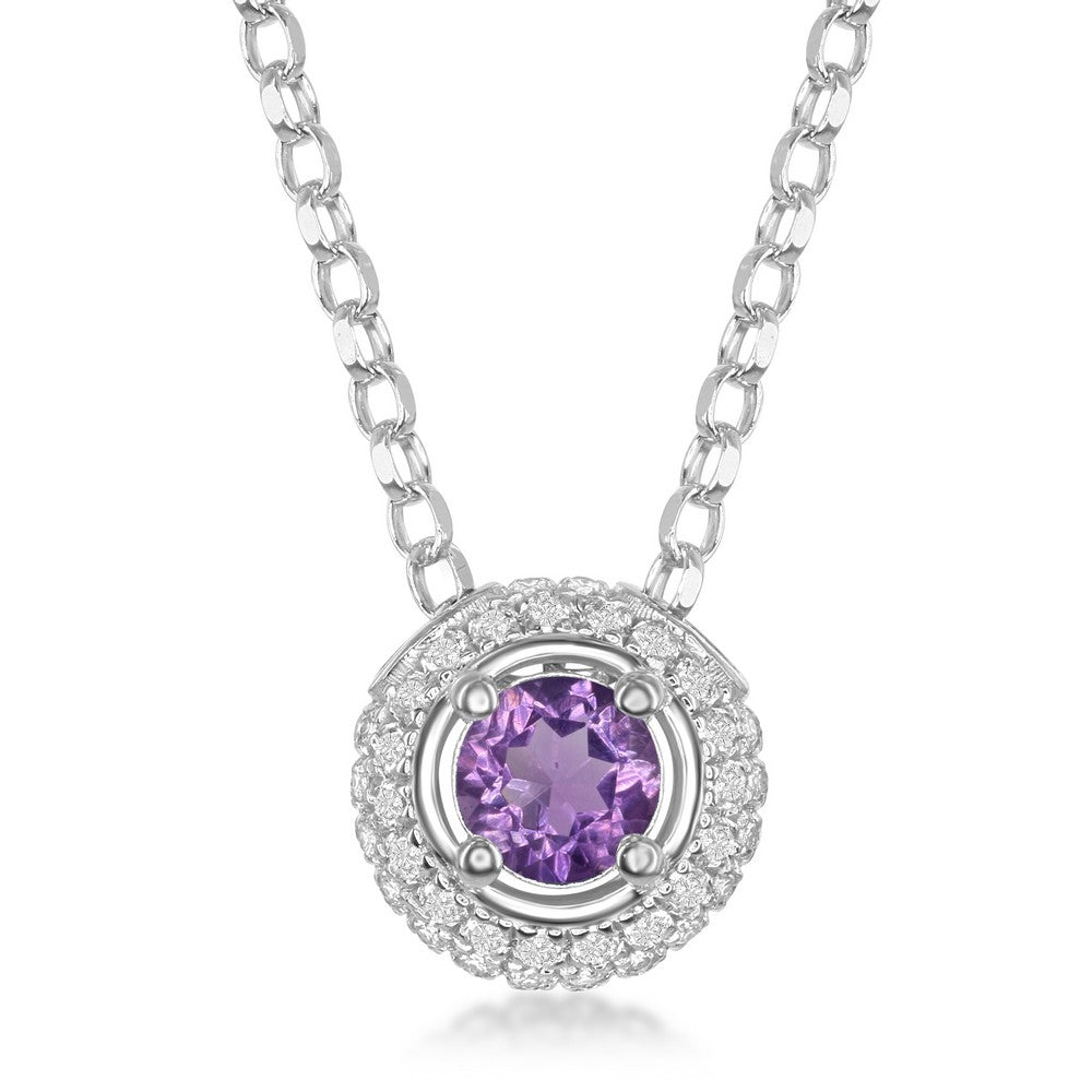 Sterling Silver 4mm Round Purple Amethyst Surrounded by White Topaz 1.21cttw Pendant