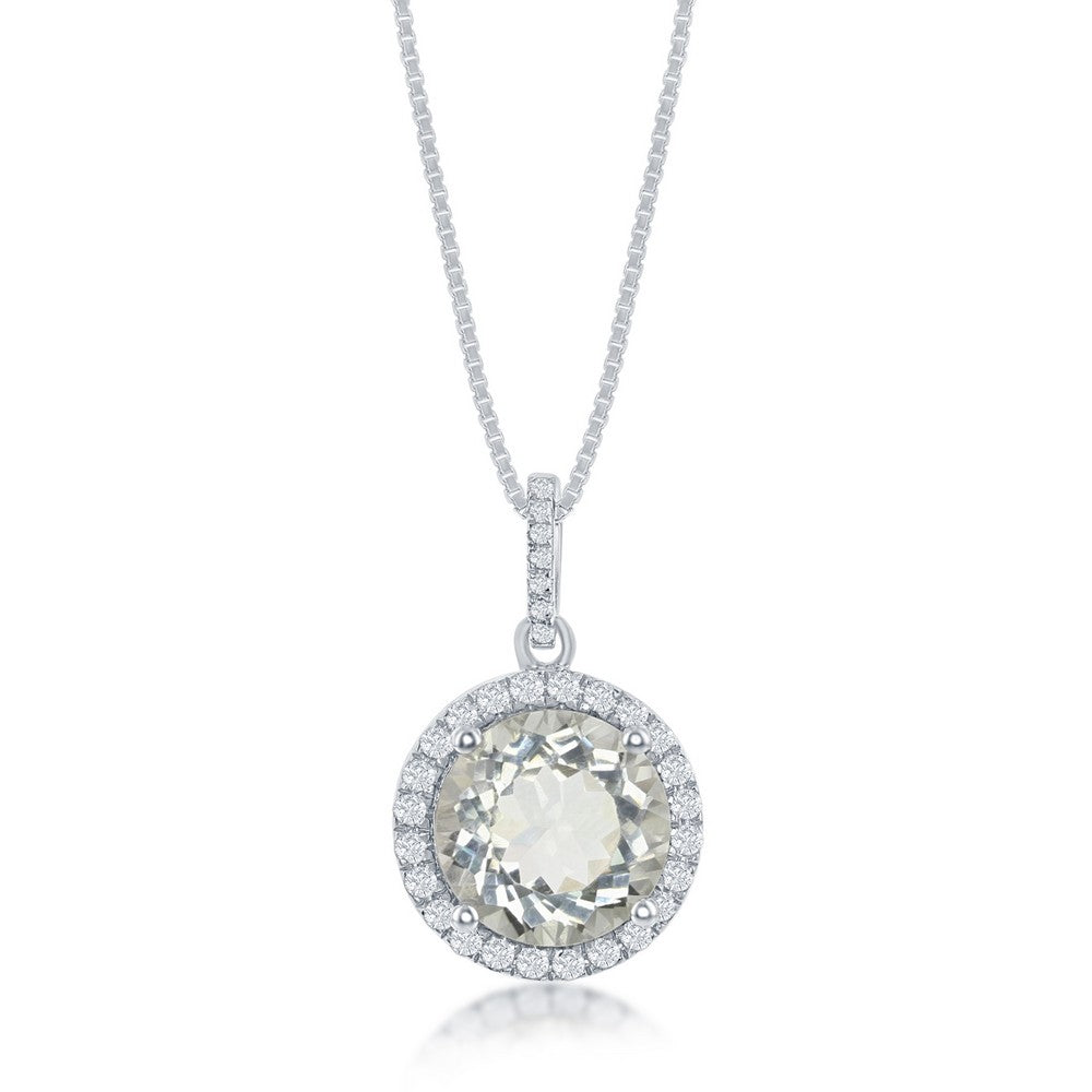 Sterling Silver 9.56cttw Green Amethyst with 0.452cttw White Topaz Border Round Necklace