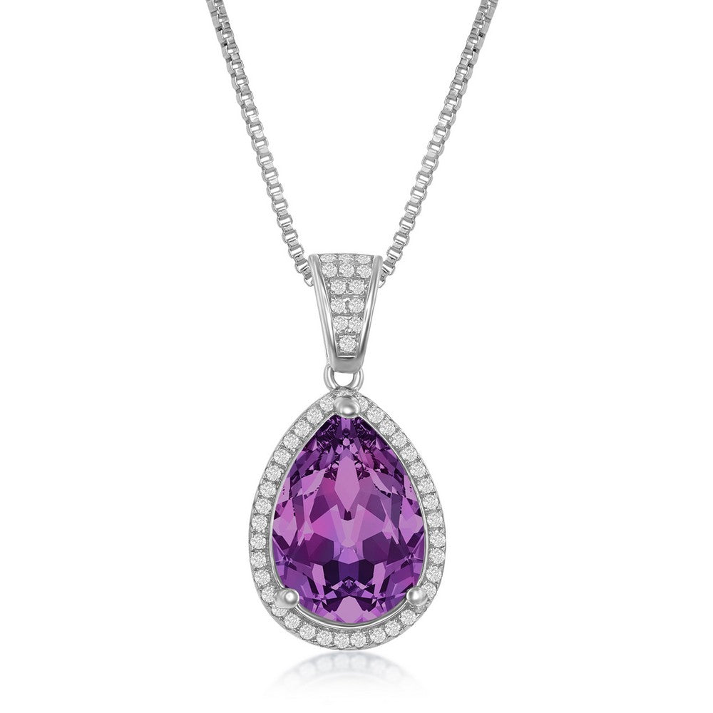 Sterling Silver CZ and 14x10mm Pearshaped Amethyst Swarovski Element Halo Necklace