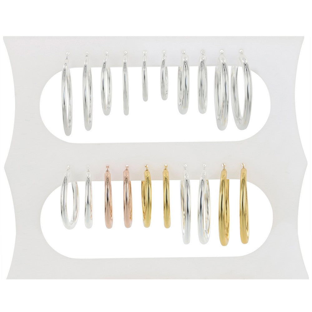 USE COL 047 Sterling Silver, Rose and Gold Plated High Polish Hoop Earrings, 10 Pair Display