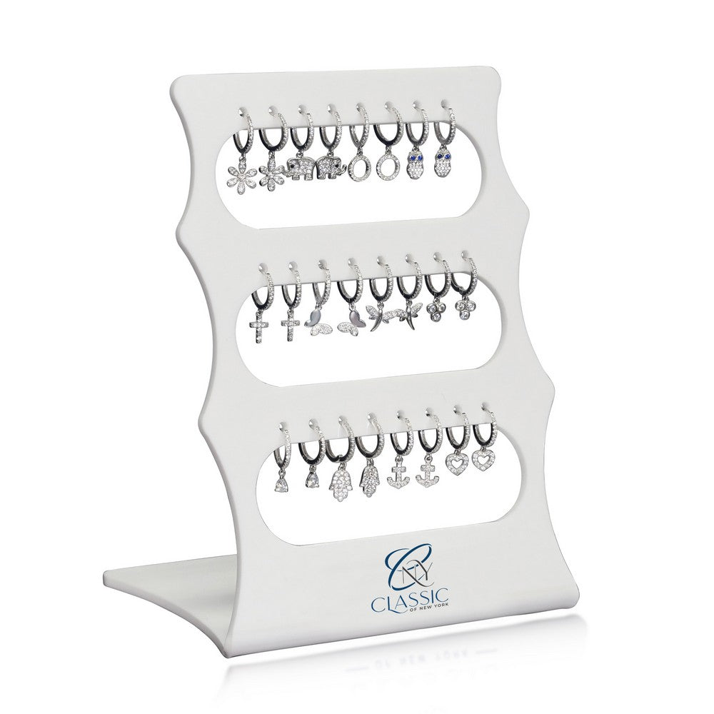 Set of 12, Mini Huggie-Earrings with Dangling Charms on a White Acrylic Display