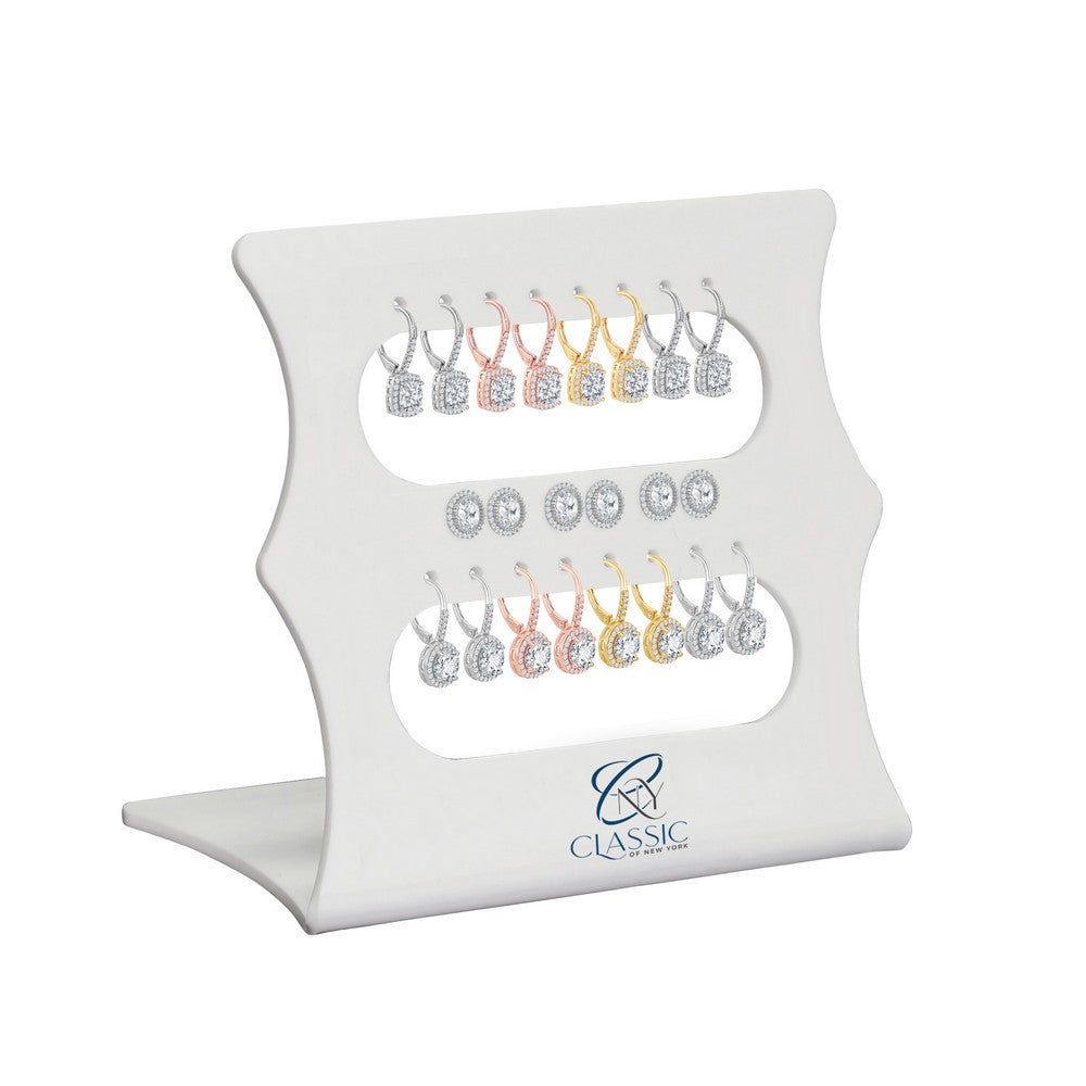 Set of 11, Round and Cushion-Cut Bridal Earrings, In Assorted Plating, On a White Acrylic Display