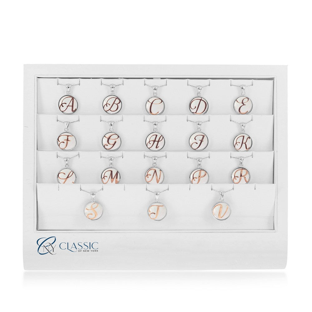 18PC, Sterling Silver MOP Rose Gold Script Initials on a White Leathertte Display