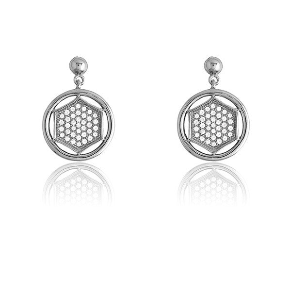 Sterling Silver Circle With Inner Micro Pave 6-Sided Square Earrings (74 stones)
