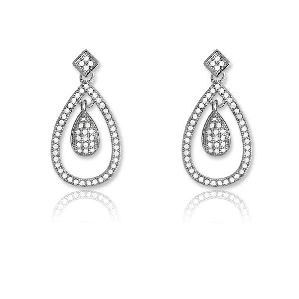 Sterling Silver Micro Pave Open Teardrop With Small Inner Teardrop Earrings (116 stones)