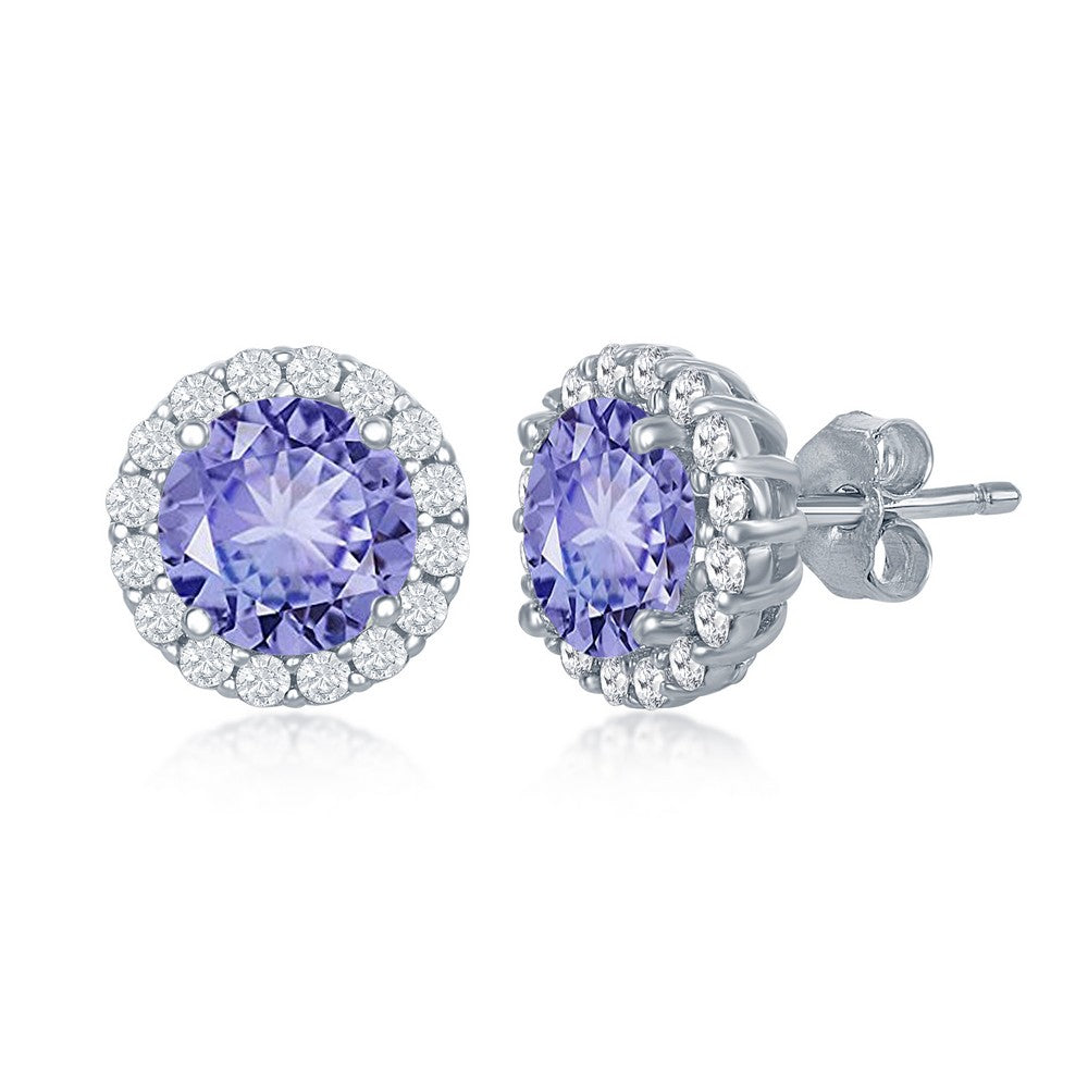 Sterling Silver Prong Round Tanzanite CZ with Clear CZ Border Stud Earrings