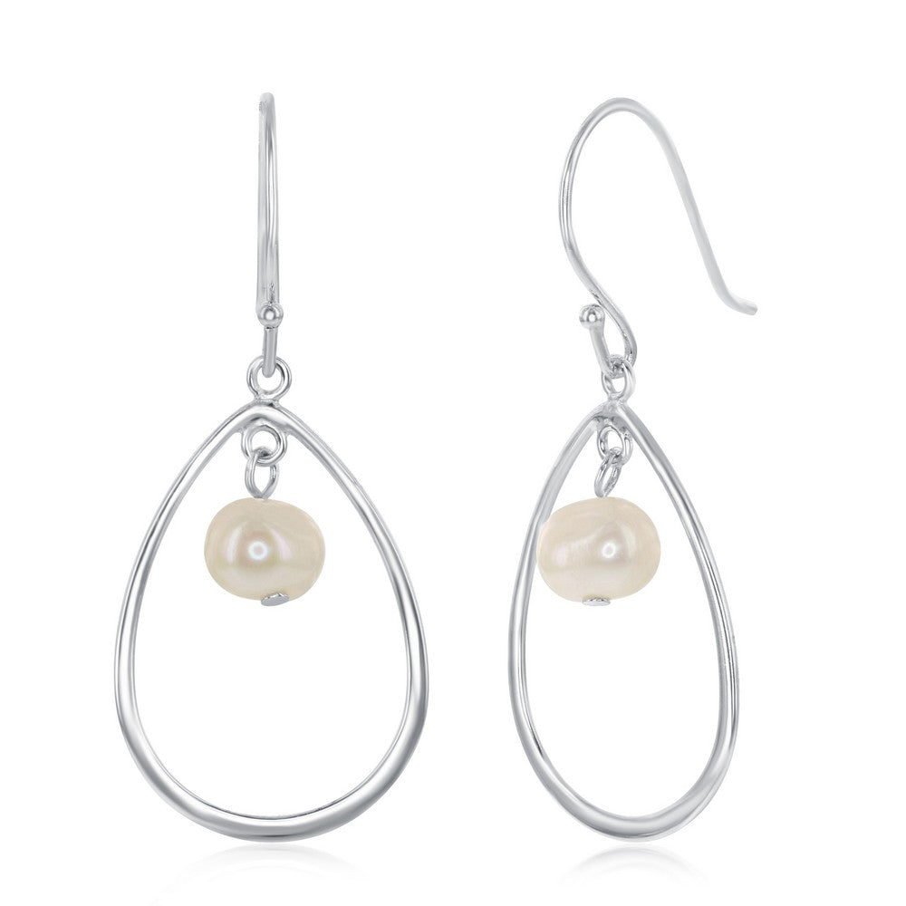 Sterling Silver Open Pear-Shaped with Freshwater Pearl Earrings