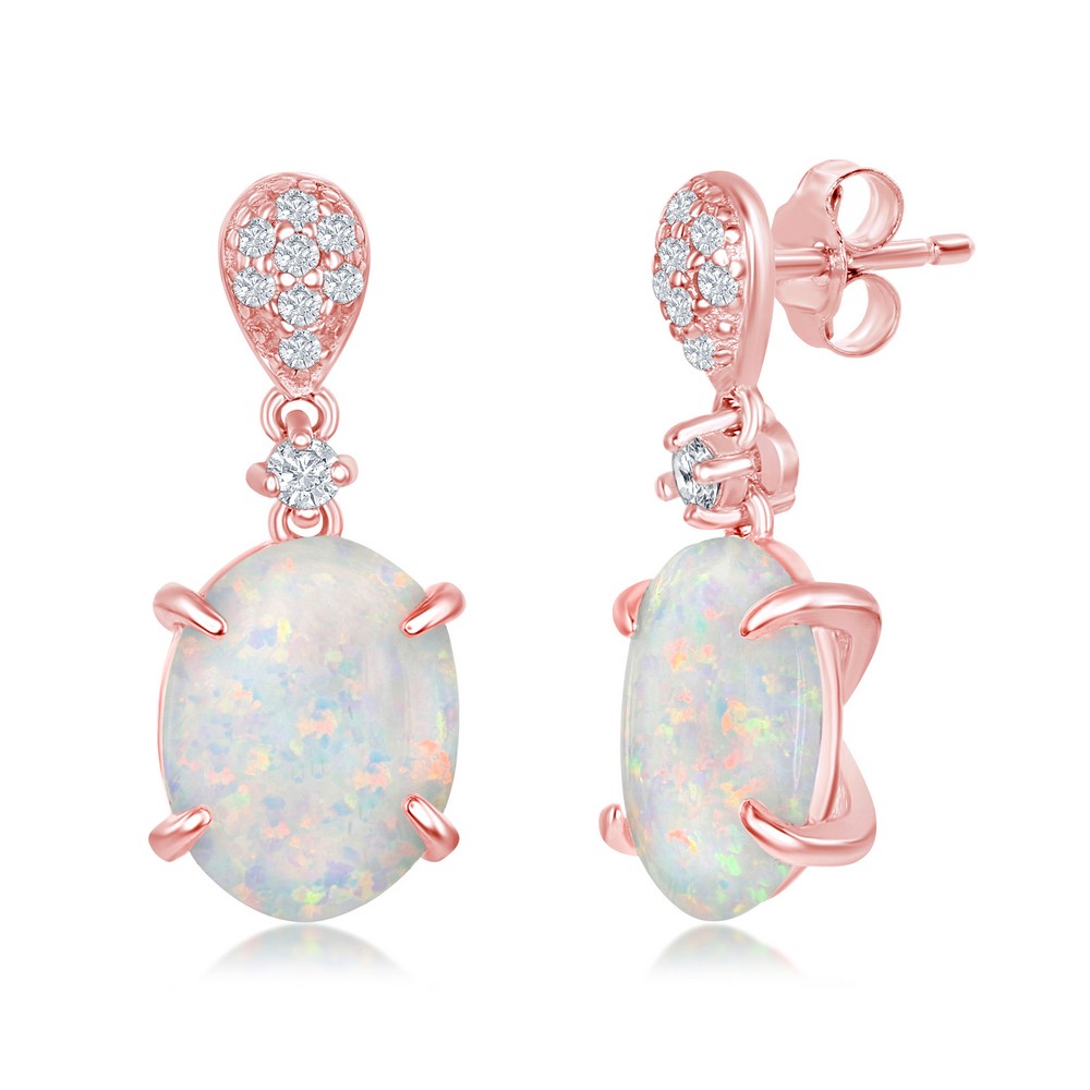 Sterling Silver Micro Pave White Inlay Four-Prong Oval Dangle Earrings - Rose Gold Plated