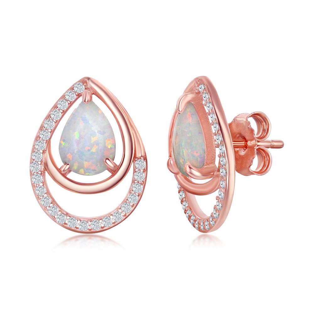Sterling Silver CZ Double Pear-Shaped White Opal Earrings - Rose Gold Plated