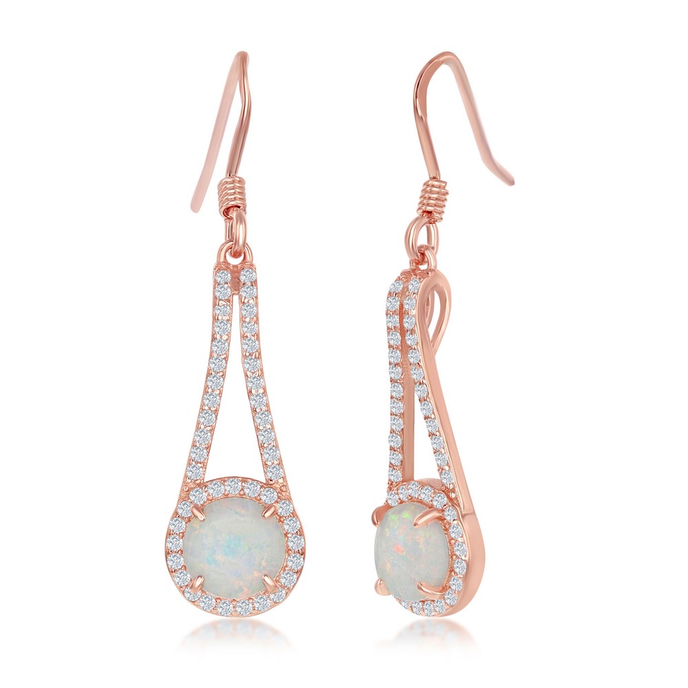 Sterling Silver Round White Opal with CZ Halo Long Earrings - Rose Gold Plated