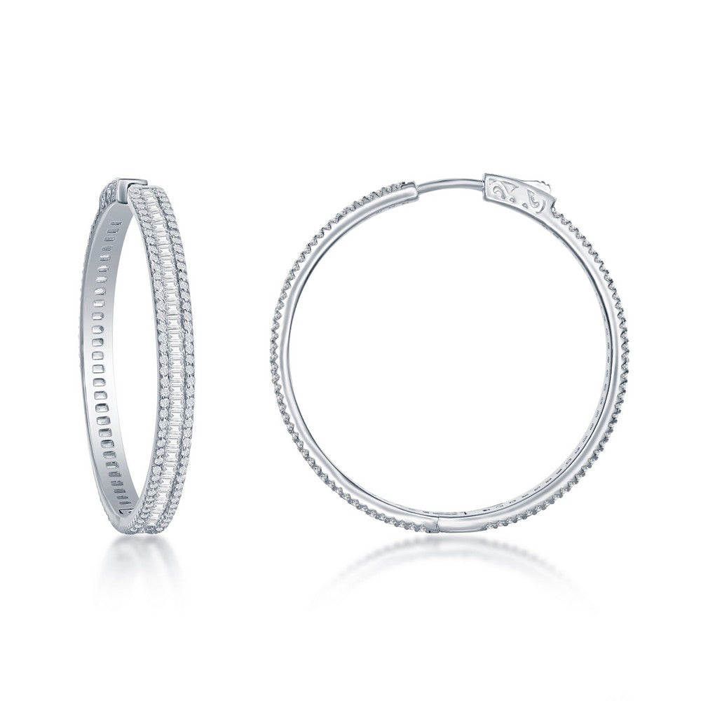 Sterling Silver Baguette CZ 40mm Hoop Earrings
