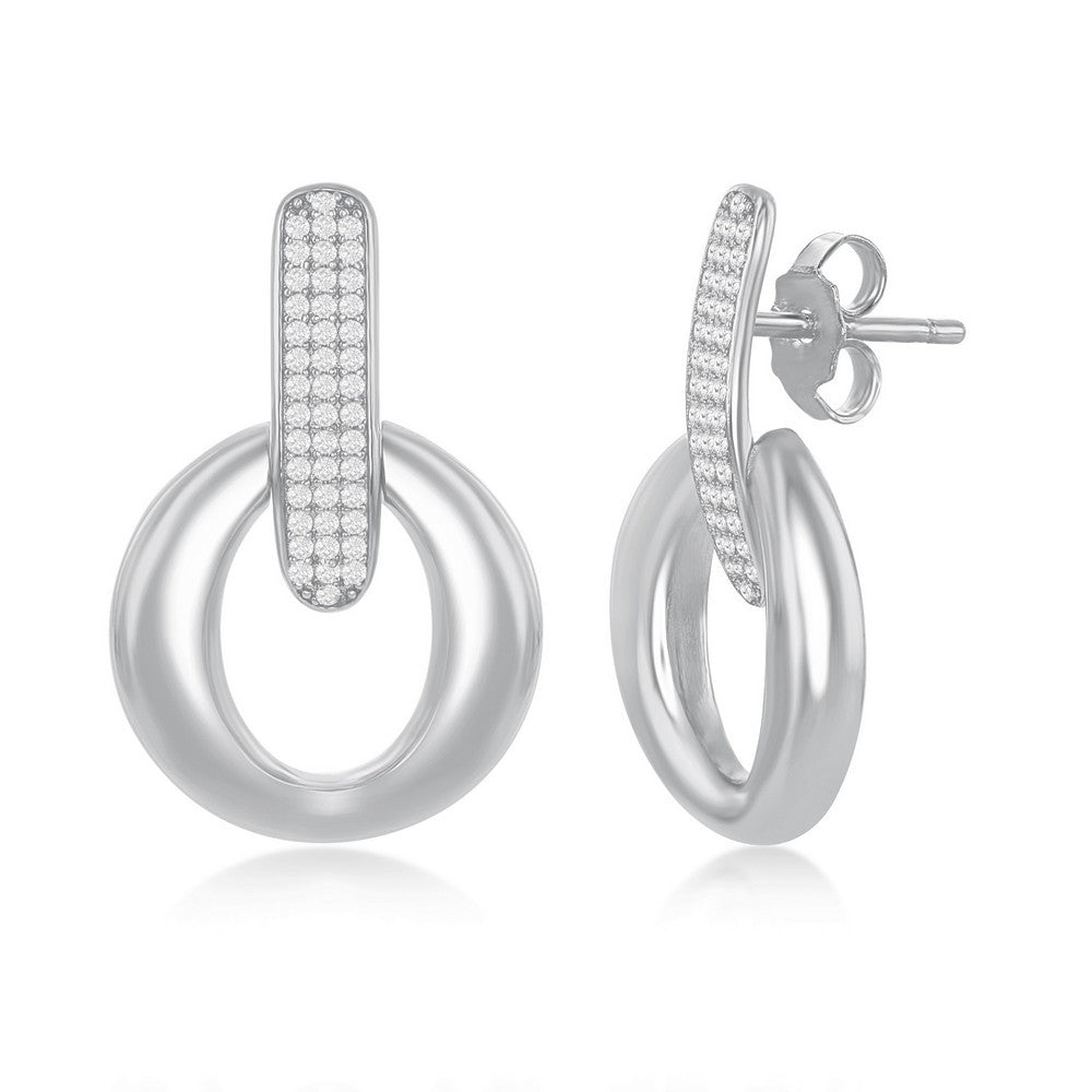 Sterling Silver Polished Door-Knocker Pave Earrings