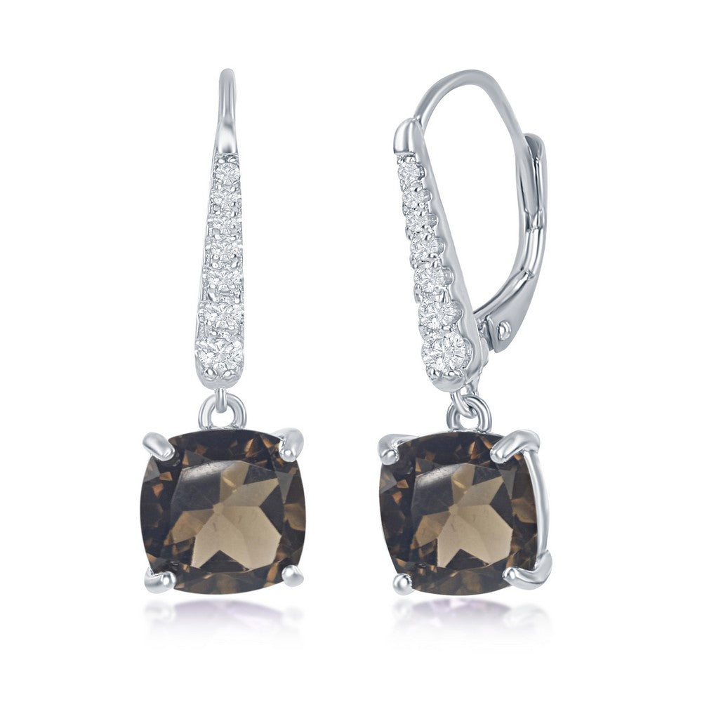 Sterling Silver White Topaz Earrings, With Four-Prong 9x9mm Cushion-Cut Gem - Smoky Quartz