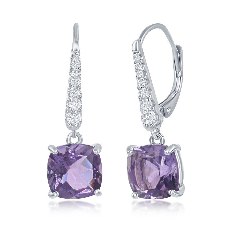 Sterling Silver White Topaz Earrings, With Four-Prong 9x9mm Cushion-Cut Gem - Amethyst