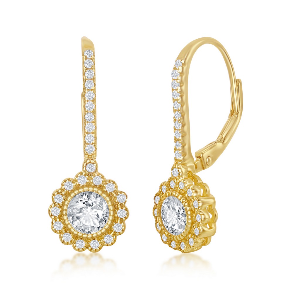 Sterling Silver CZ Flower Design Dangling Earrings - Gold Plated