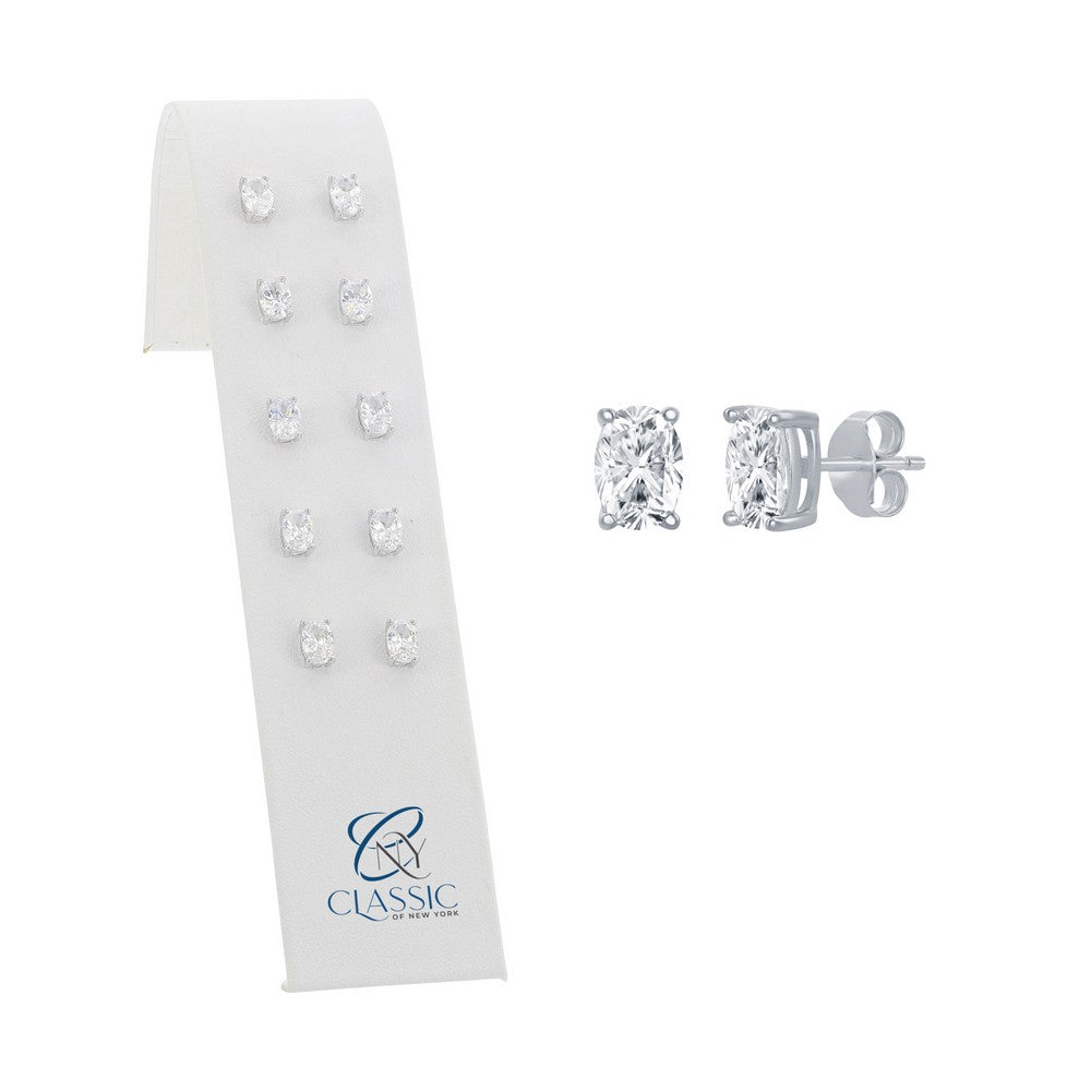 Set of 5, Sterling Silver Pronged 7x5mm Oval CZ Stud Earrings