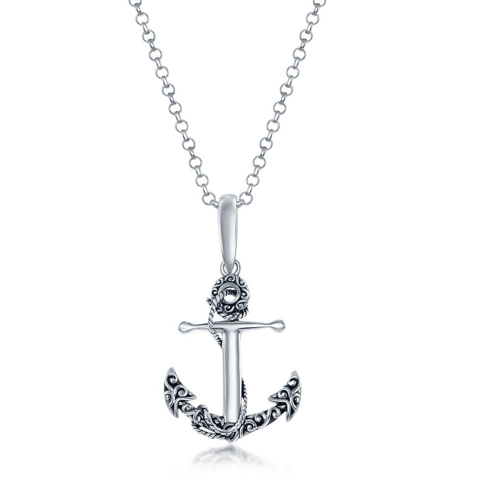 Sterling Silver Detailed Oxidized Anchor Pendant