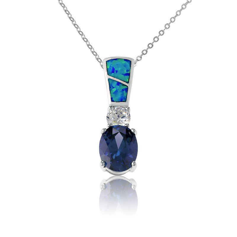 Sterling Silver Blue Inlay Opal With Small Circle and Large Oval Tanzanite Pendant