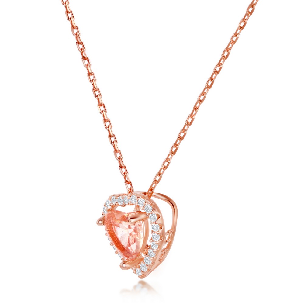 Sterling Silver Heart Morganite CZ with White CZ Border Pendant - Rose Gold Plated