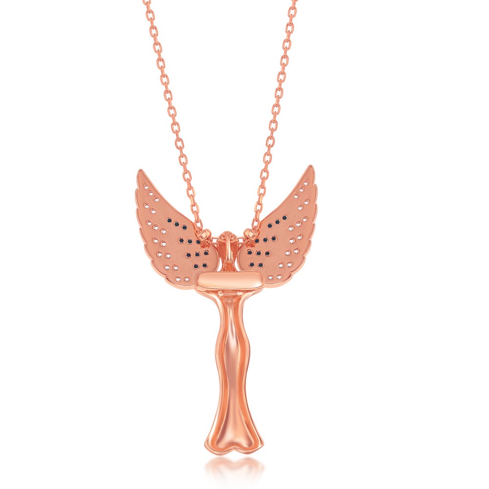 Sterling Silver CZ Angel Pendant With Movable Wings - Rose Gold Plated