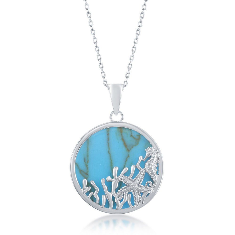 Sterling Silver Round Turquoise with Starfish and Seahorse Pendant