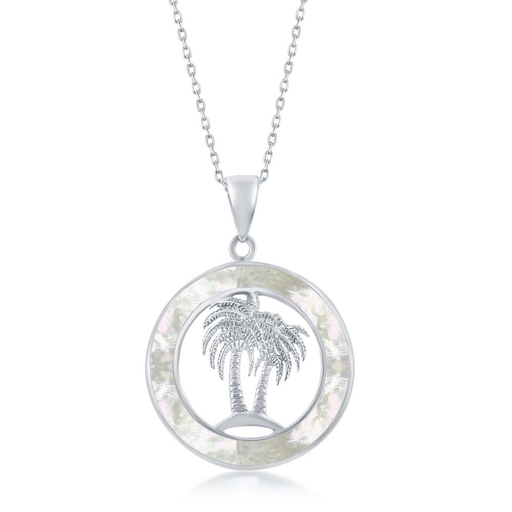Sterling Silver Palm Trees White MOP Circle Pendant With Chain