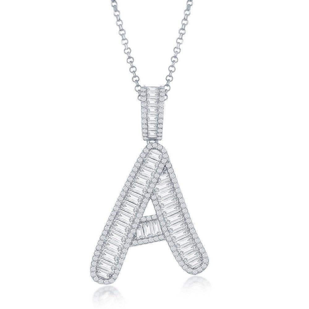 Sterling Silver Baguette CZ Extra Large A Initial Pendant With Chain