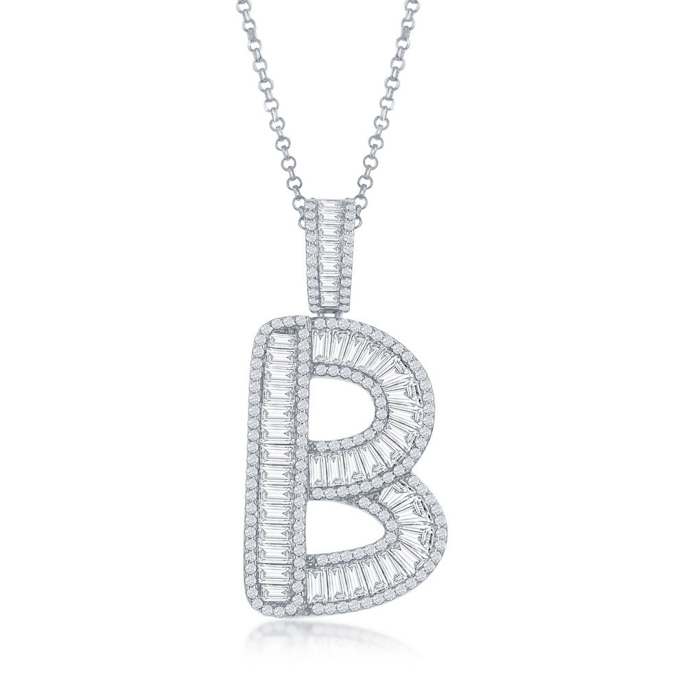 Sterling Silver Baguette CZ Extra Large B Initial Pendant With Chain