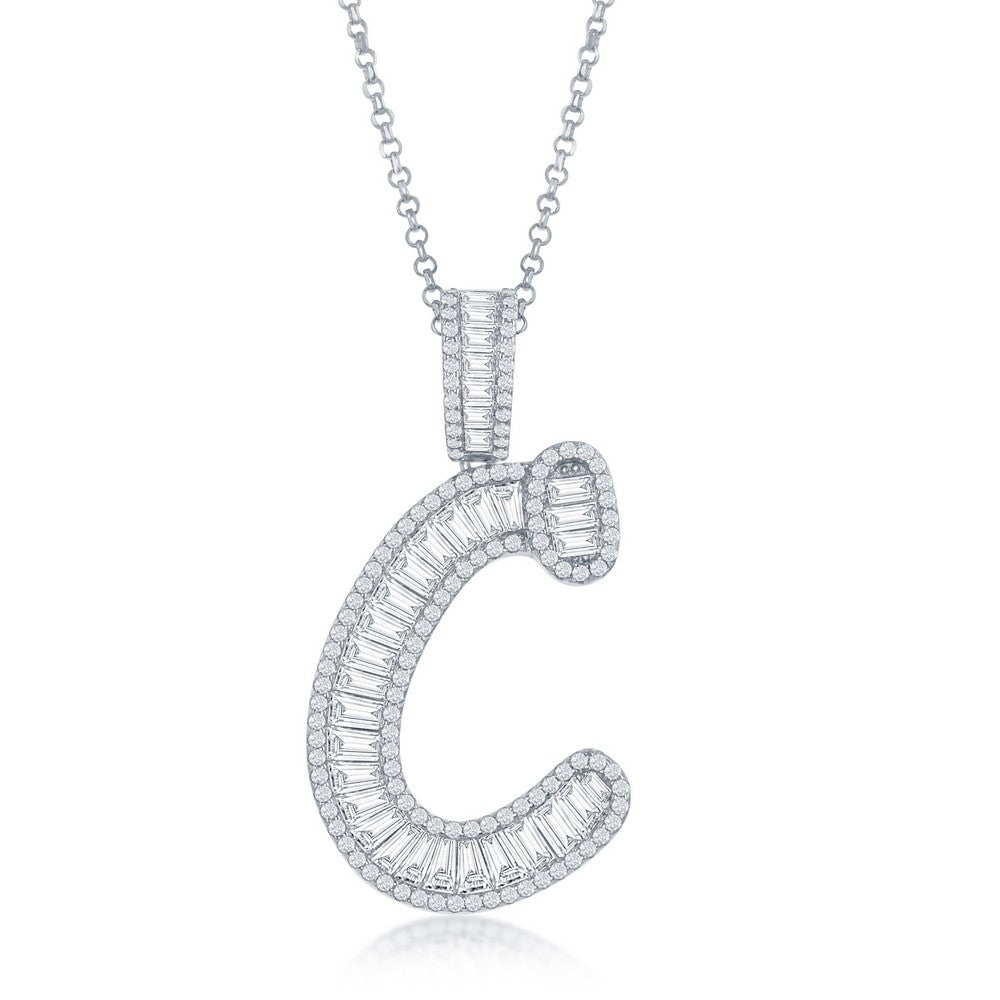 Sterling Silver Baguette CZ Extra Large C Initial Pendant With Chain