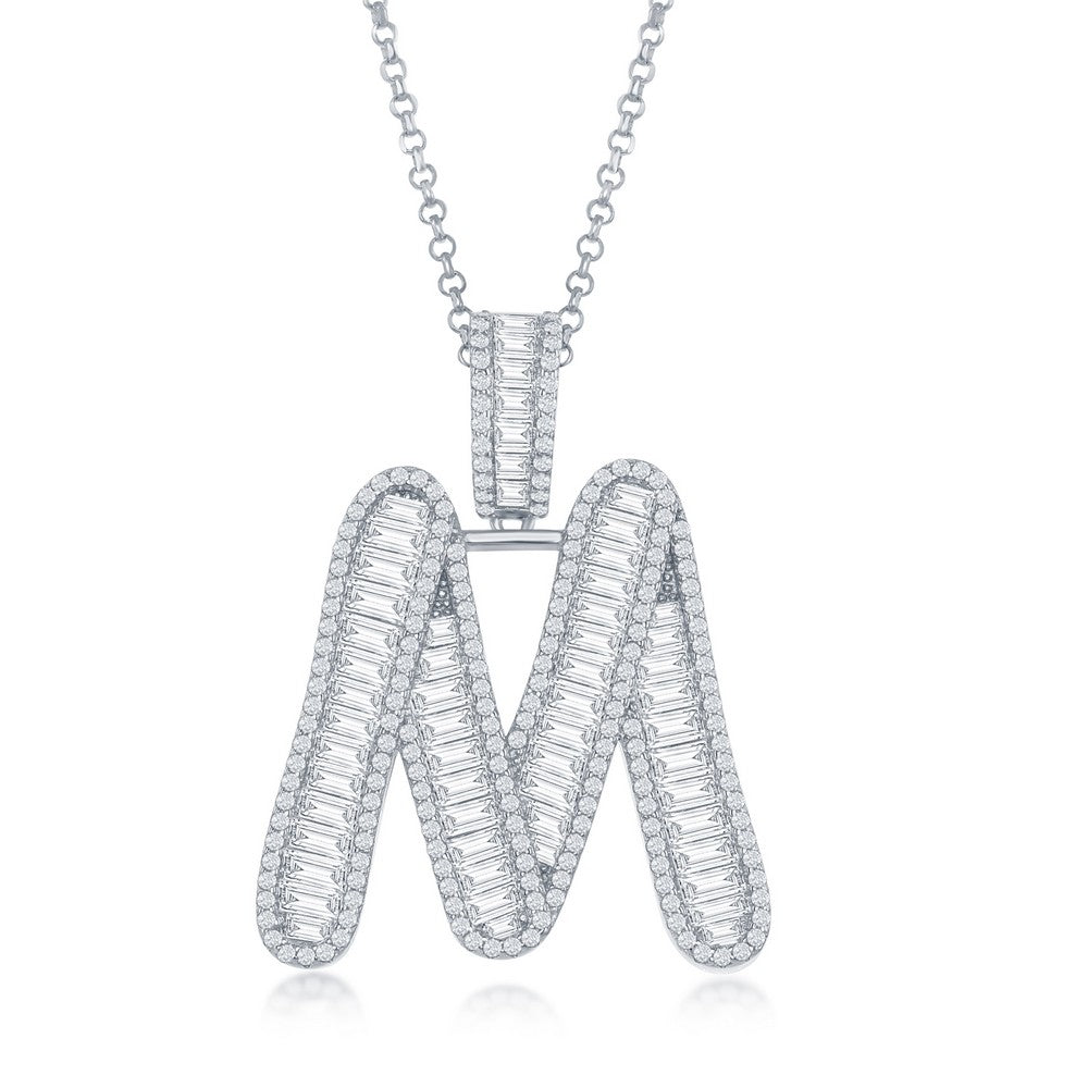 Sterling Silver Baguette CZ Extra Large M Initial Pendant With Chain