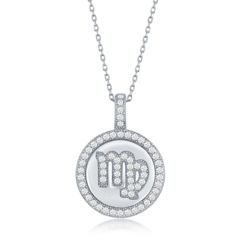 Sterling Silver Micro Pave Virgo Zodiac Disc Pendant With Chain